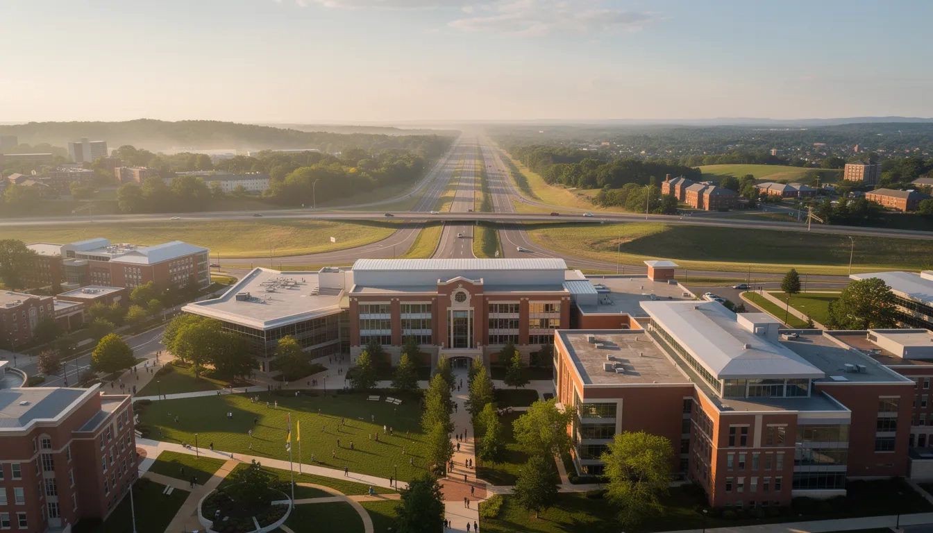 Aerial view of a college campus with a road leading away