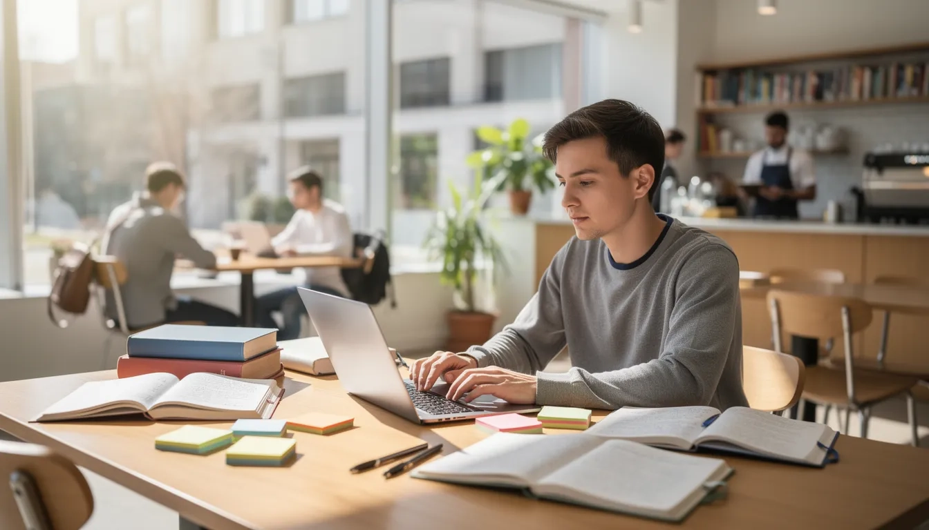 College student writing on laptop surrounded by books and notes