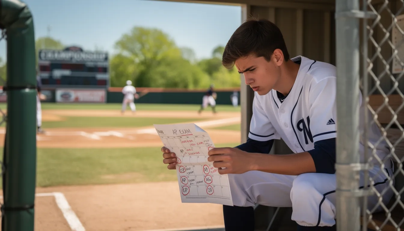 Student athlete in sports uniform reviewing AP exam schedule during a spring game