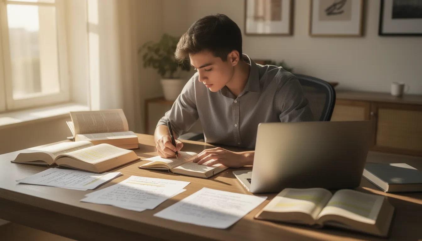 Professional at desk with books and laptop representing English degree skills in a real work environment