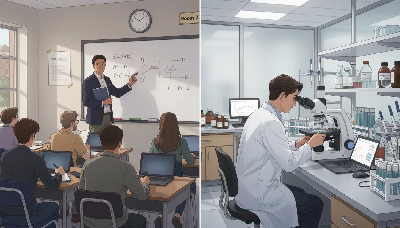 A graduate teaching assistant leading a small seminar discussion at a whiteboard, with students taking notes, contrasted with a graduate research assistant pipetting samples in a university lab
