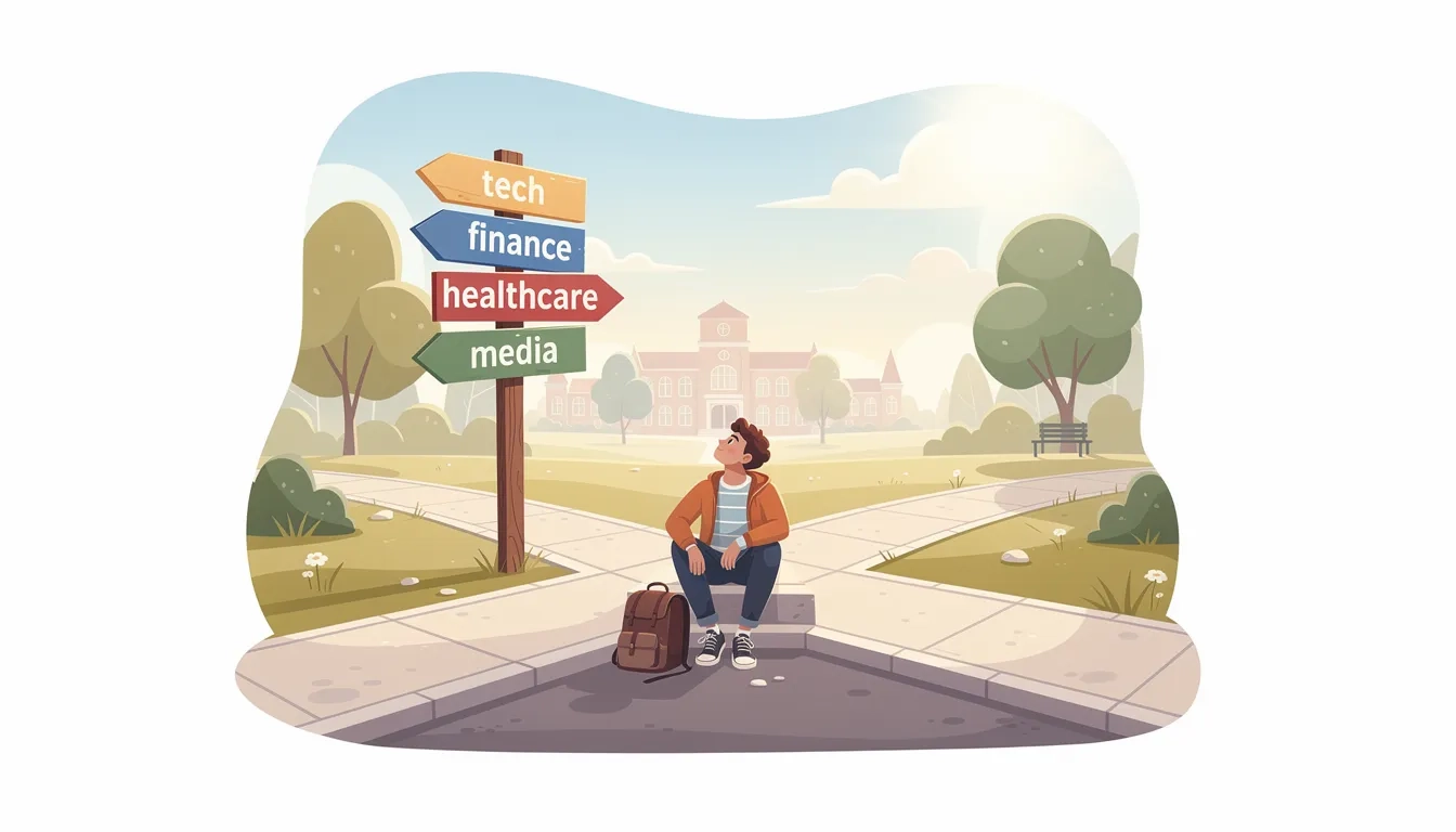 A student at a crossroads with multiple career path signs