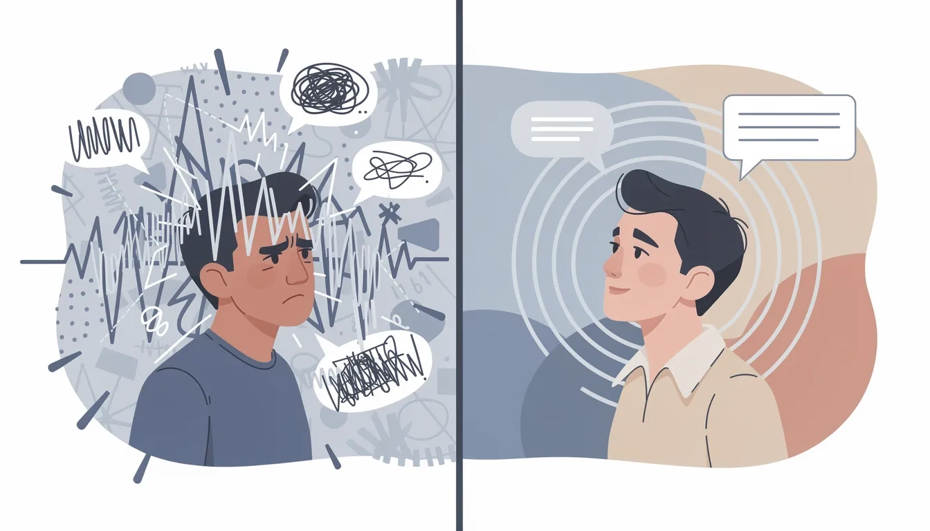 Illustration showing how speech and variable noise disrupt cognitive focus compared to steady ambient sound