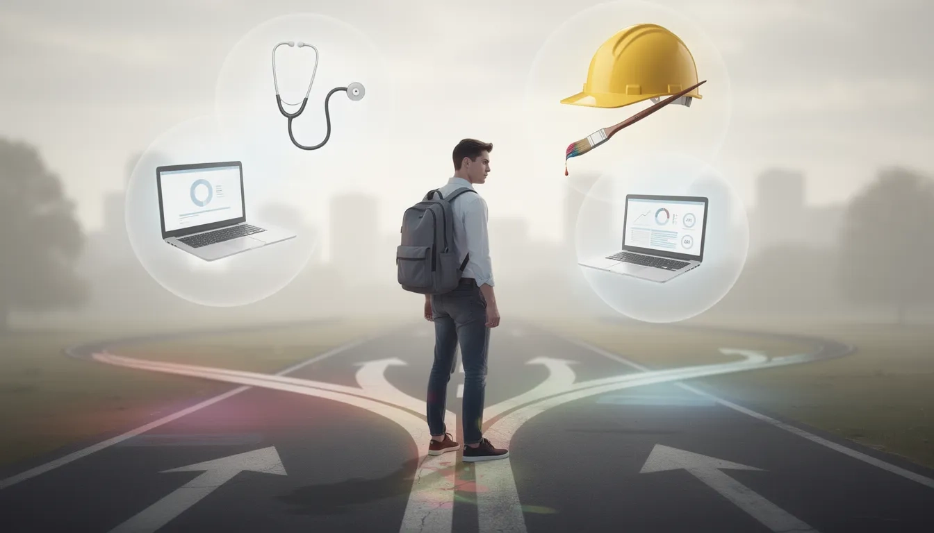 Person at a crossroads surrounded by floating career symbols and question marks