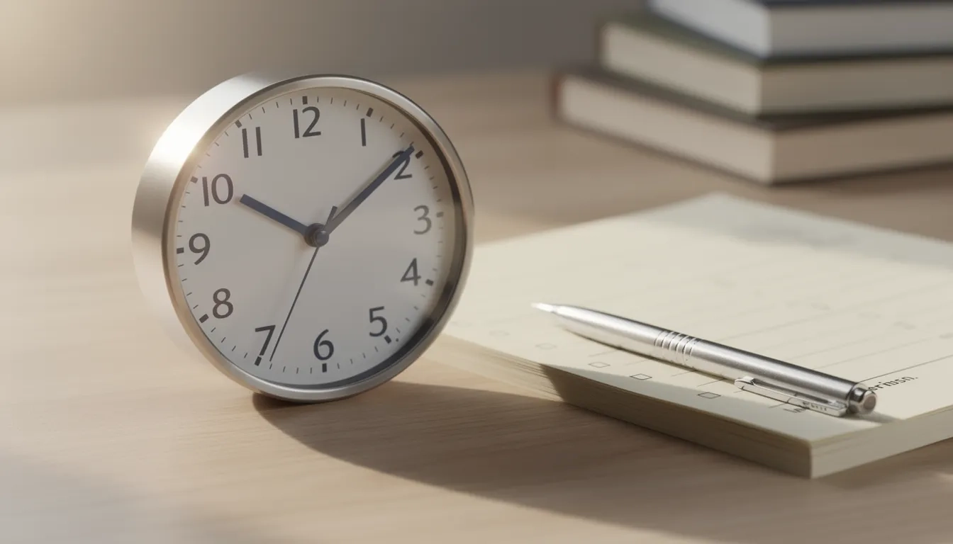 Analog clock on a desk with test papers, symbolizing timed exam pacing