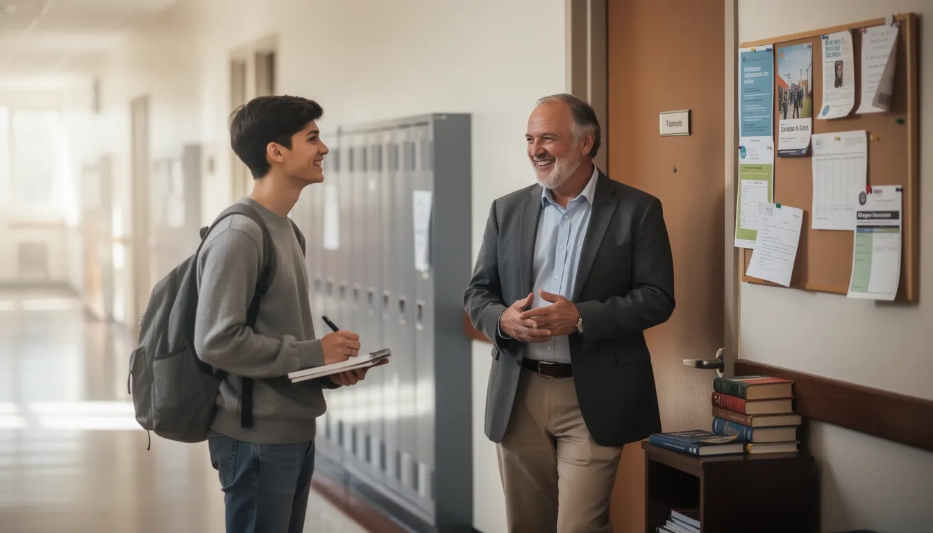 Graduate student speaking with a professor in a university hallway