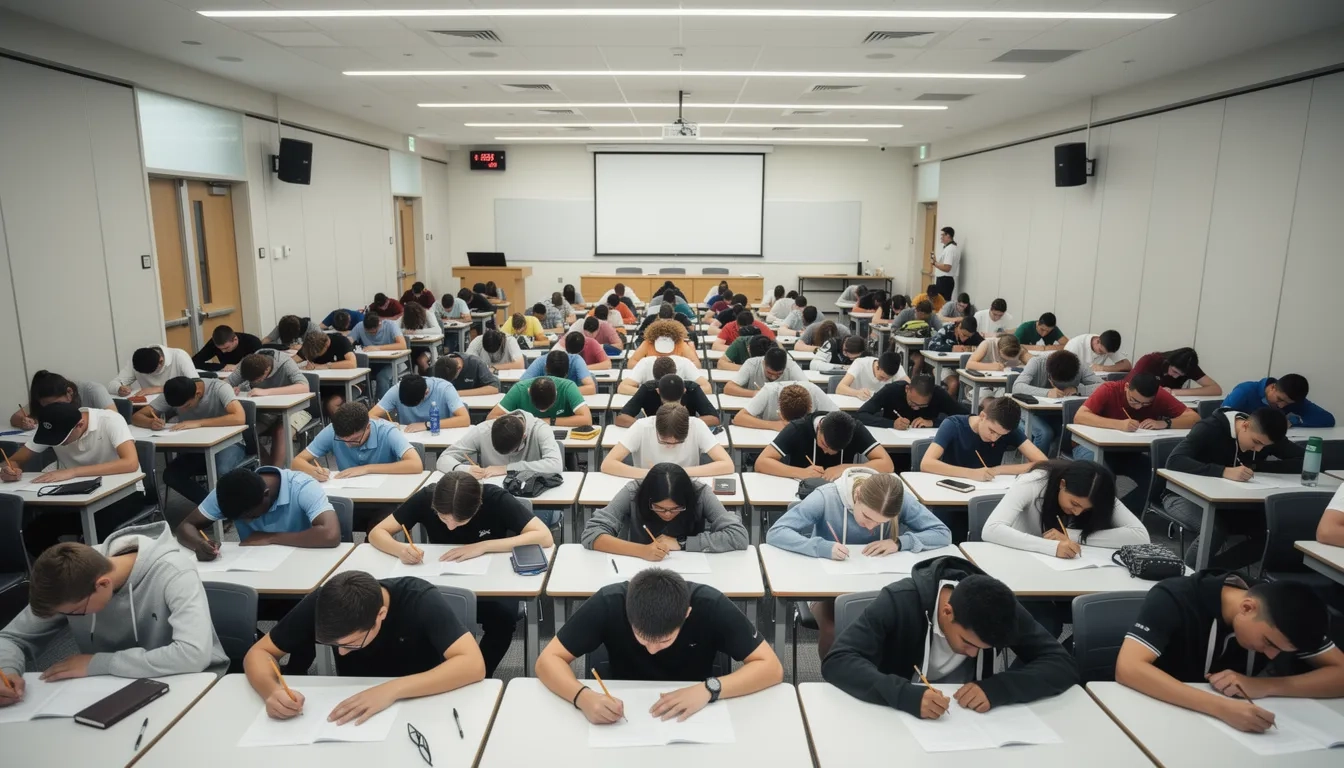 High school students taking a national academic competition exam in a large hall