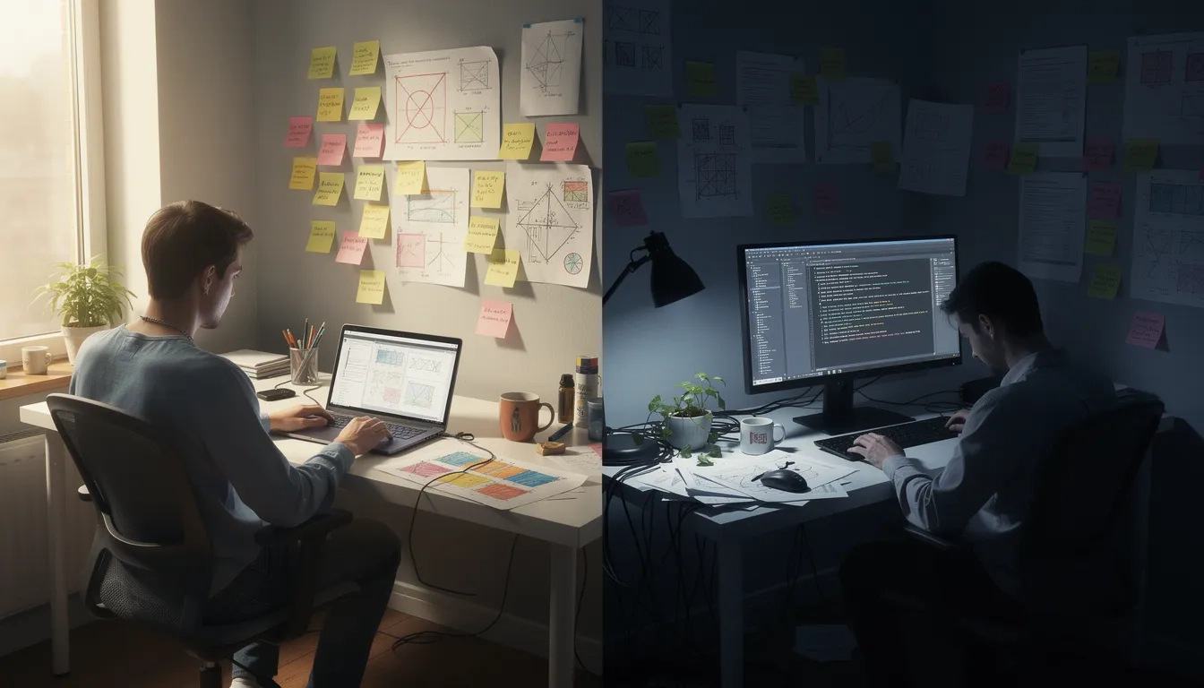 Two scenes of a developer's desk — energetic start vs. abandoned stall