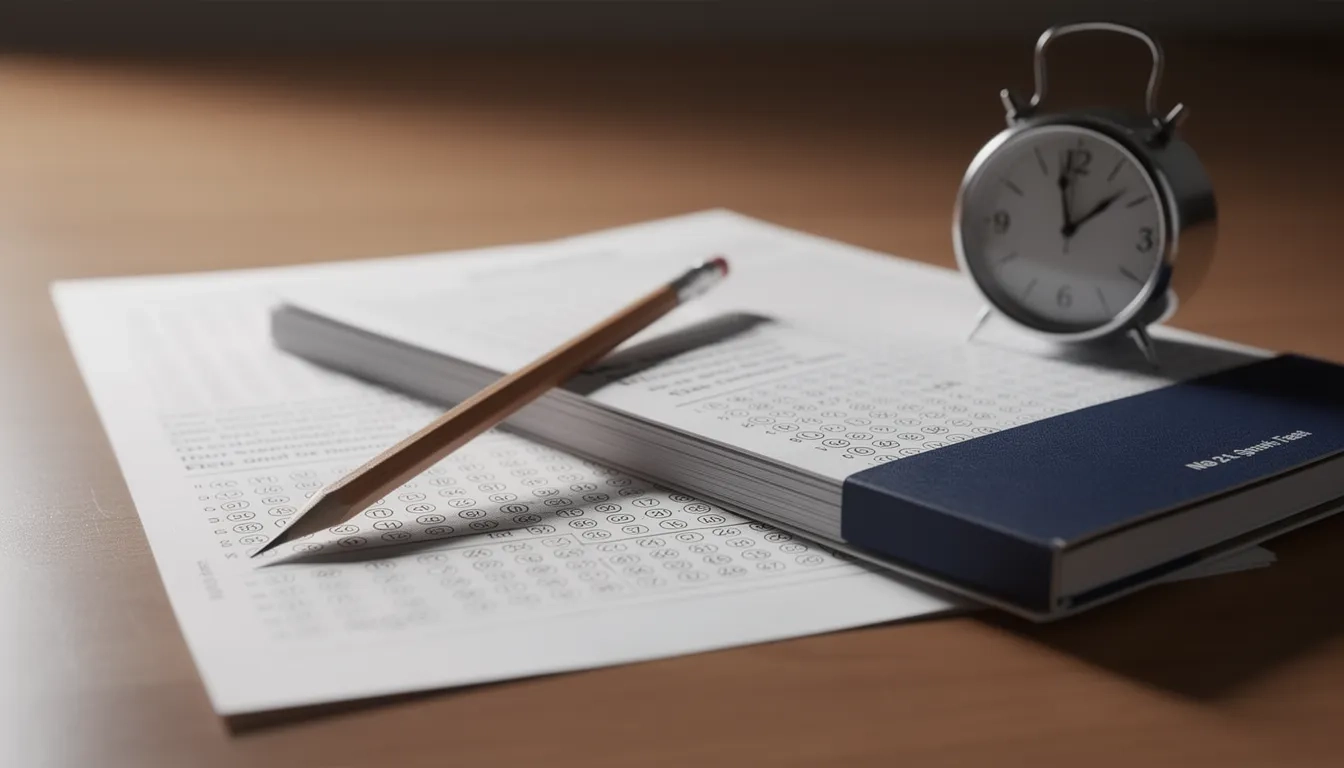 Pencil and answer sheets on a desk representing SAT test preparation