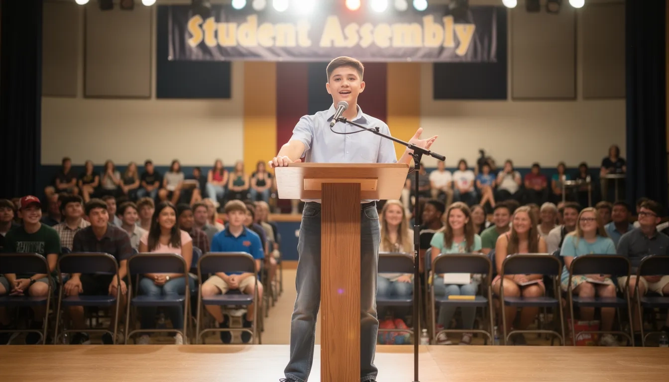 Student speaking at a podium during a school election