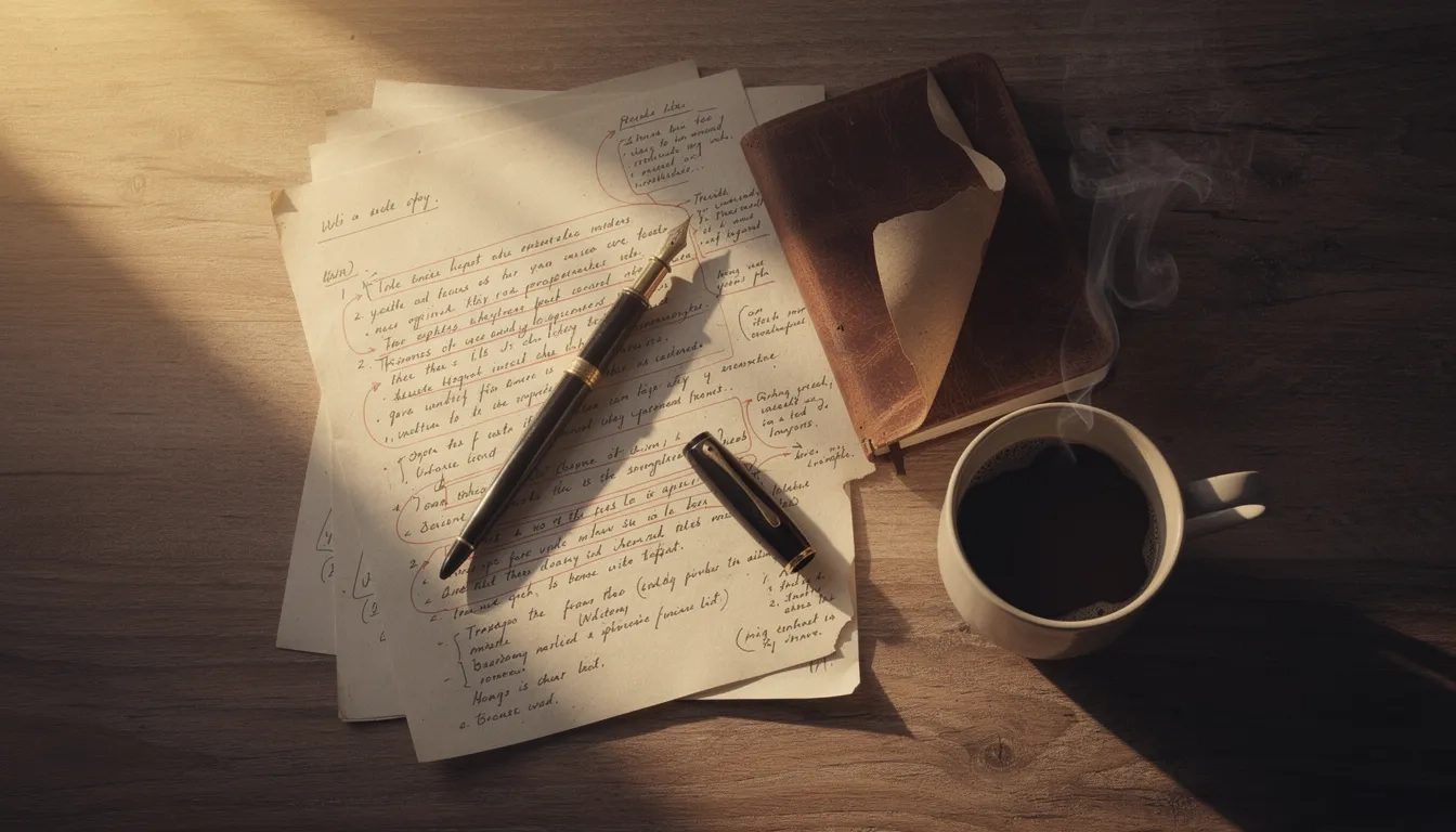 Overhead view of an annotated paper draft with pen and notebook on a wooden desk