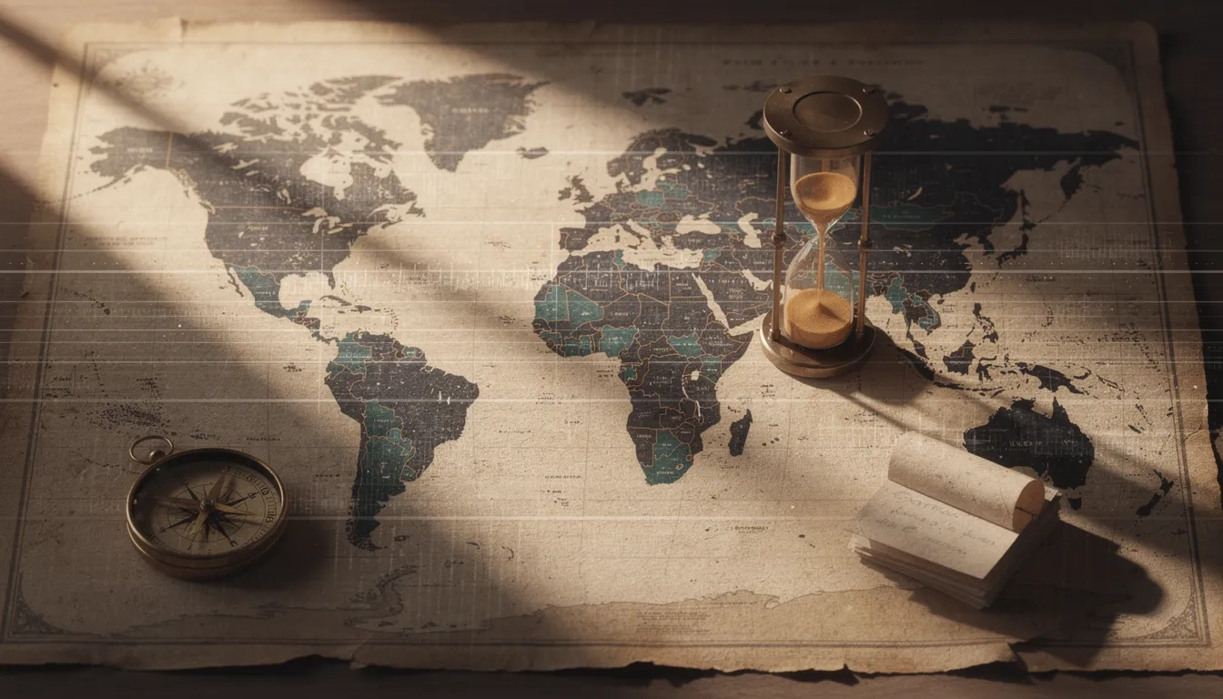 Vintage world map with timeline overlay, compass, and hourglass symbolizing structured historical study