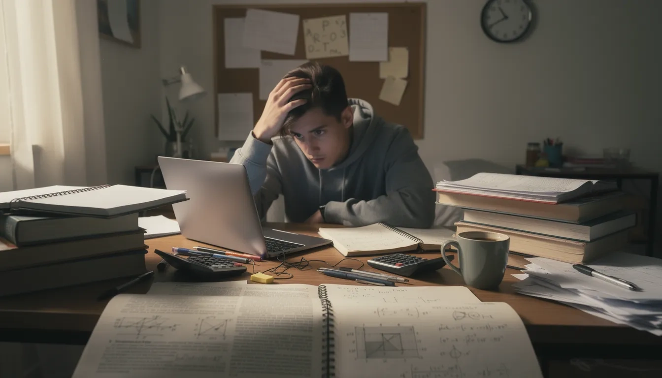 Overwhelmed STEM student at a cluttered study desk with textbooks and equations
