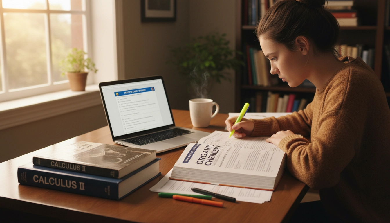 Student sitting at a desk reviewing CLEP and DSST exam guidebooks alongside a laptop showing College Board's website