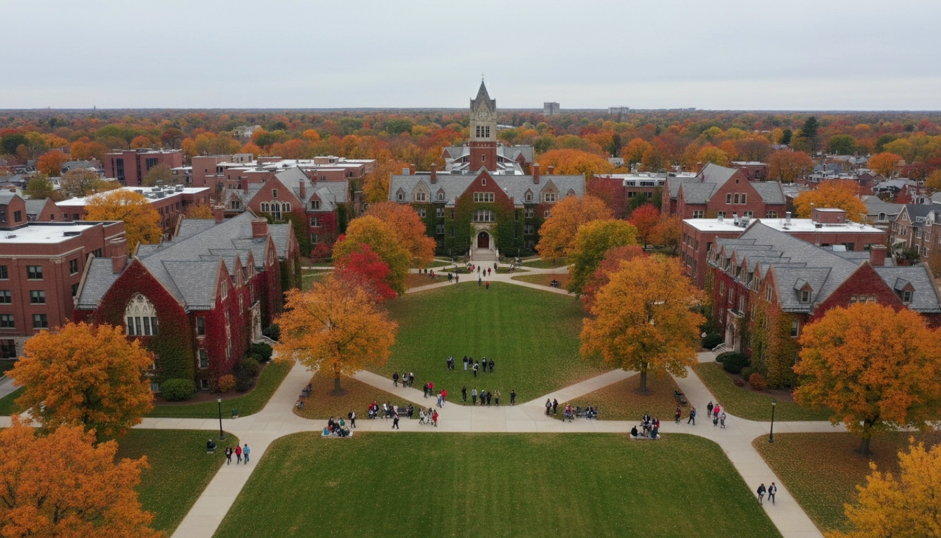 Indiana college campus aerial view in autumn