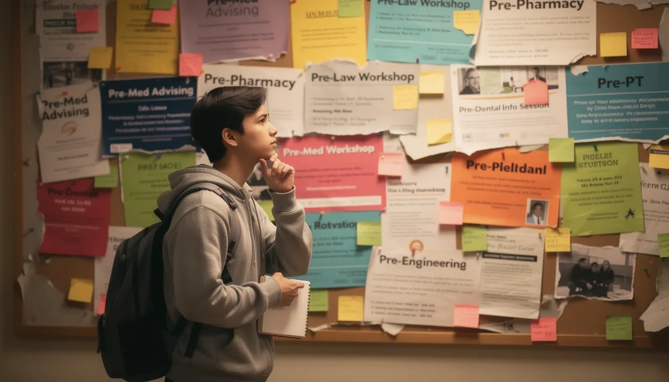 Student reviewing pre-professional track flyers on a college campus bulletin board