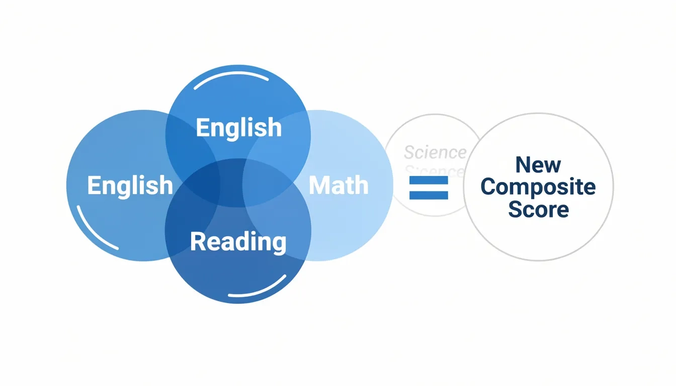 Diagram showing the Enhanced ACT composite score now averages only English, Math, and Reading, with Science removed from the calculation.