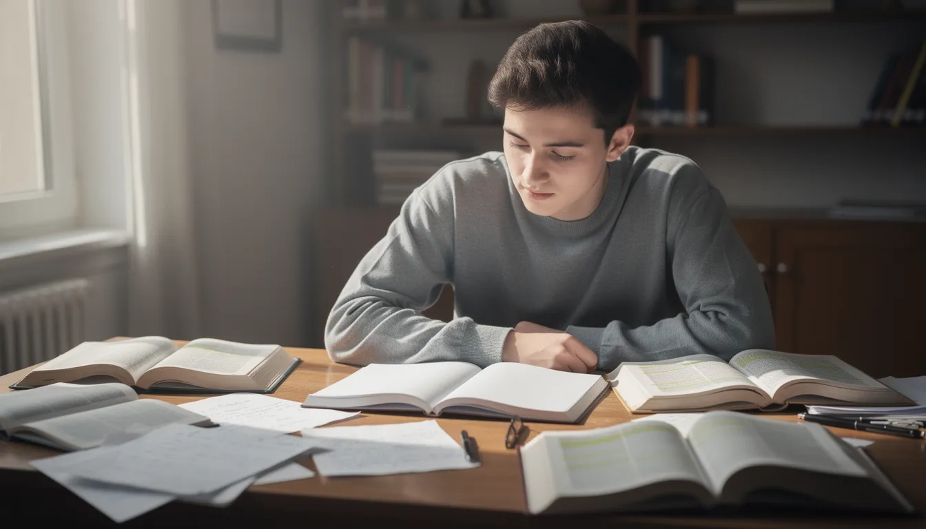 Student preparing to write an academic essay at a desk with books and notes
