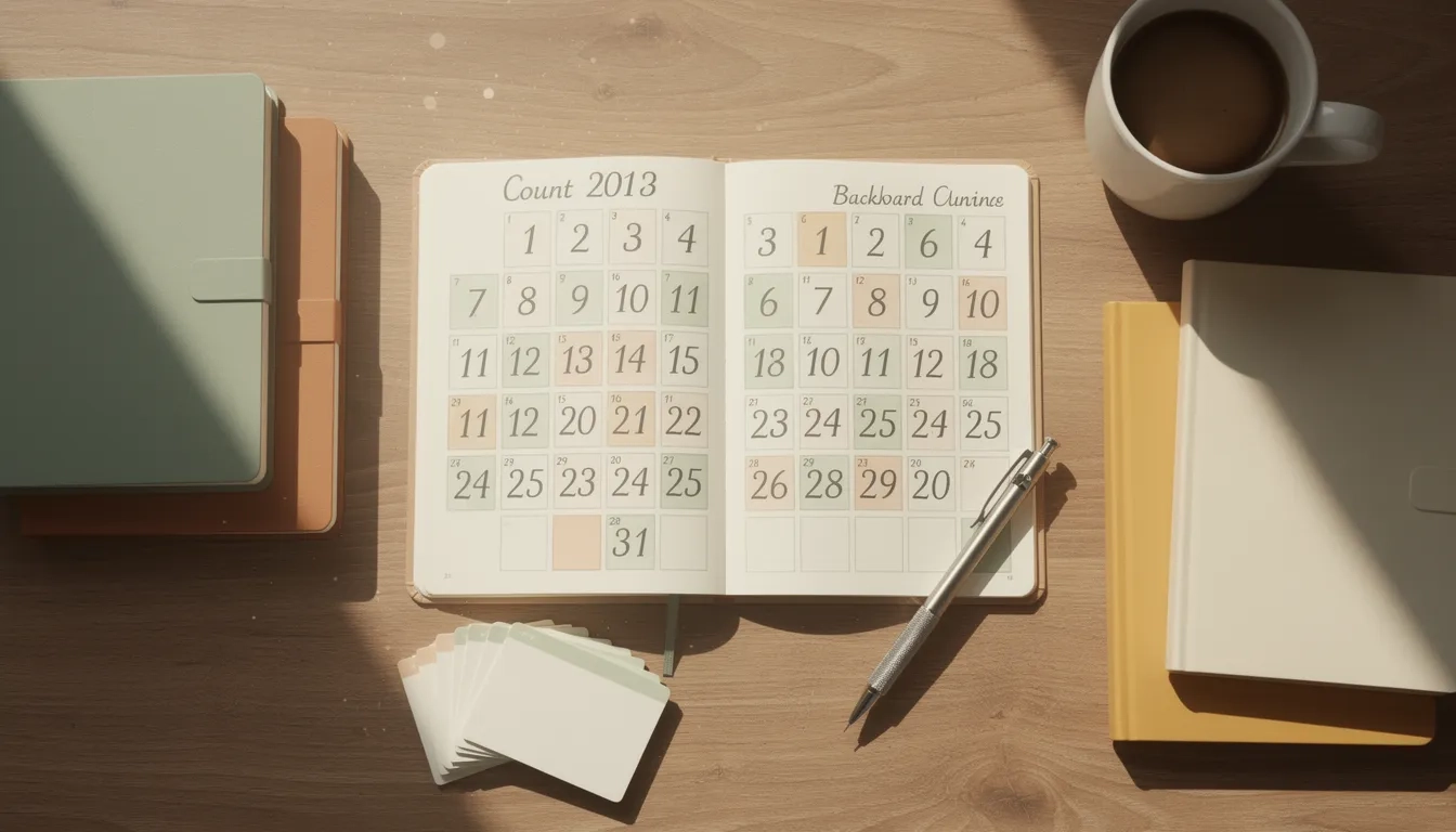 Overhead view of a study planner and notebooks arranged on a desk for exam preparation