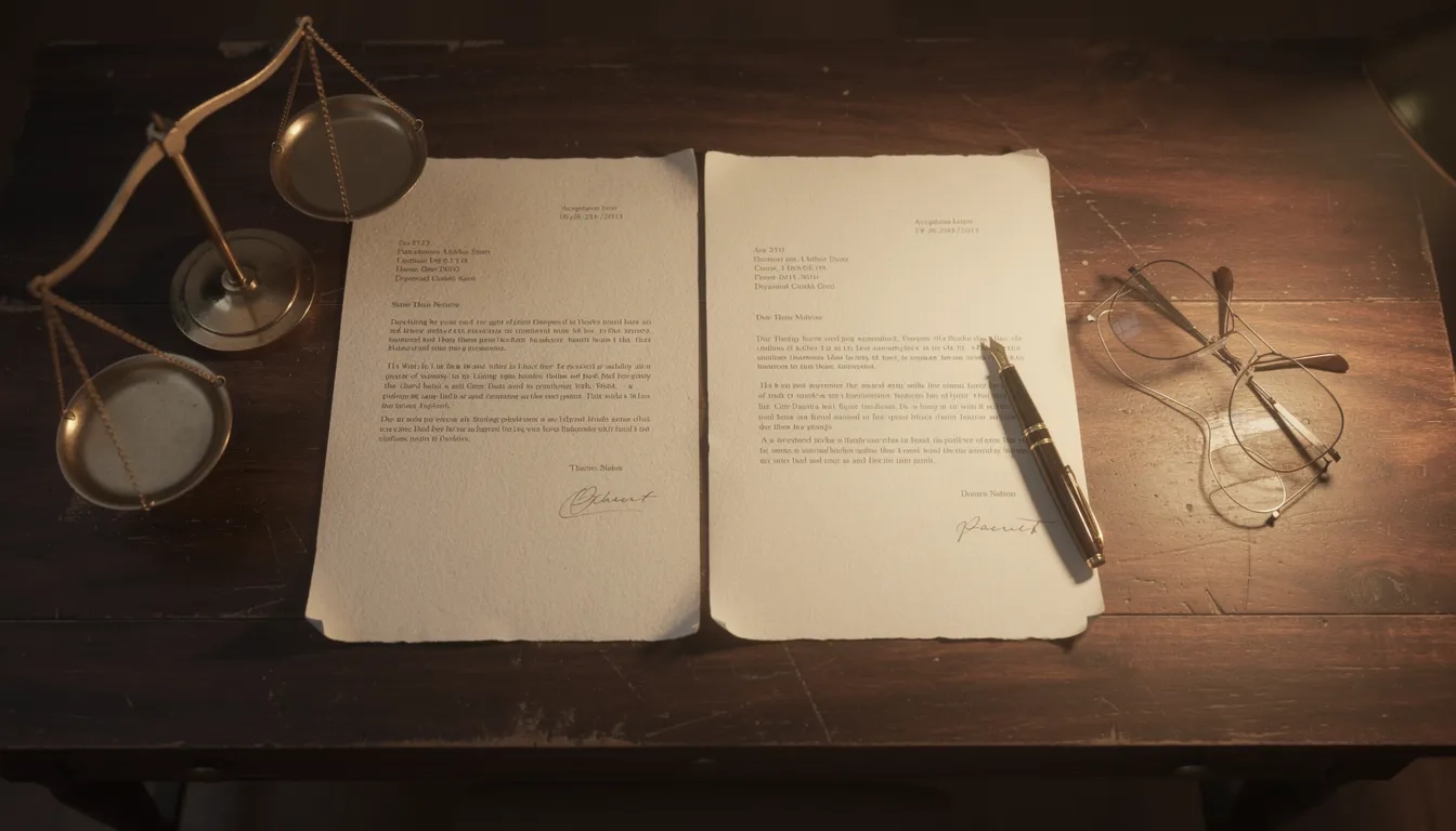 Two graduate school acceptance letters beside a balance scale representing a difficult decision