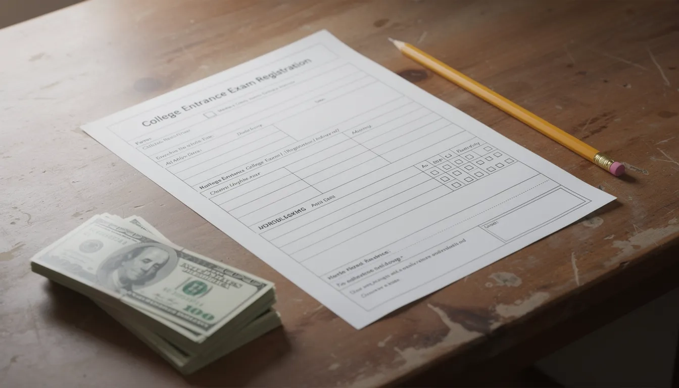 SAT registration materials on a desk with dollar bills representing exam costs