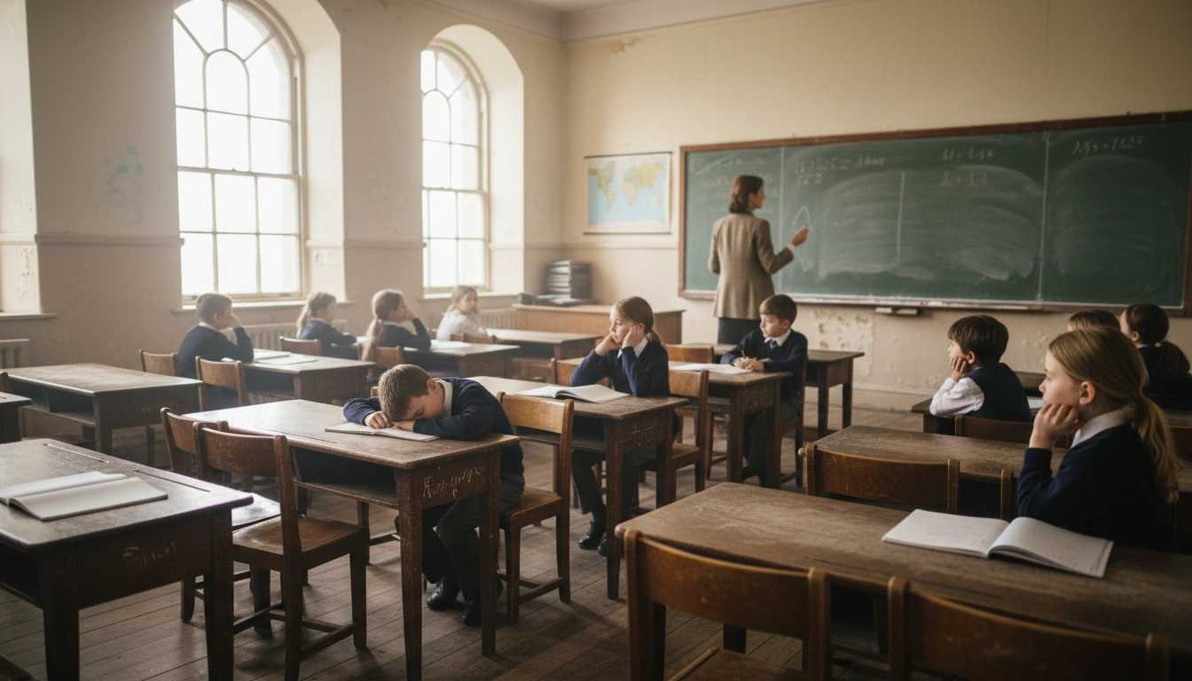 Traditional classroom with one teacher and thirty students at uniform desks