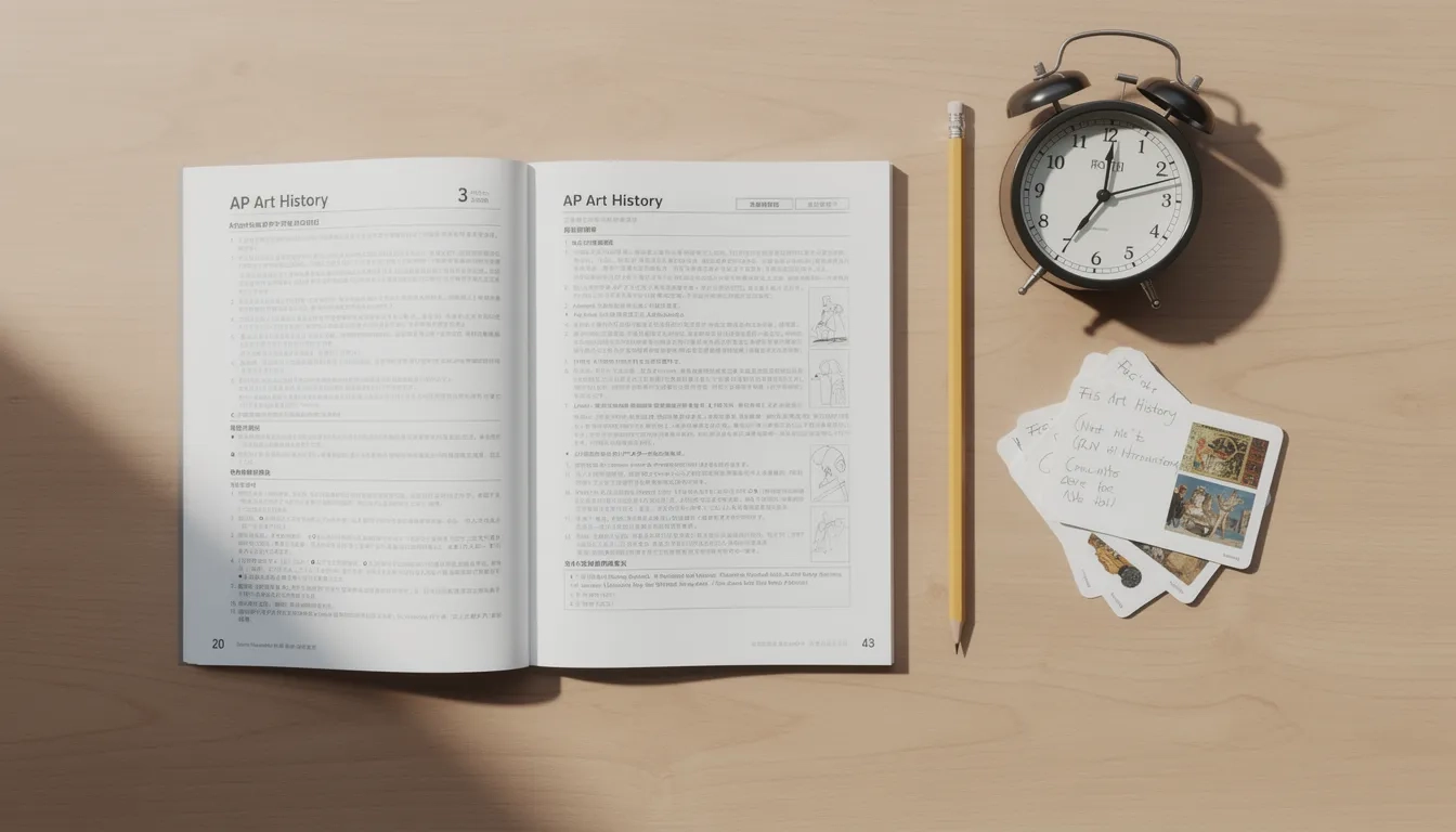 AP Art History exam booklet on a desk with pencil and clock