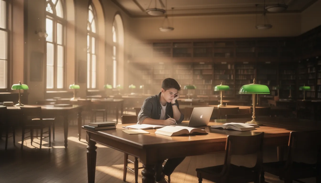 Student researching fellowship programs in a university library