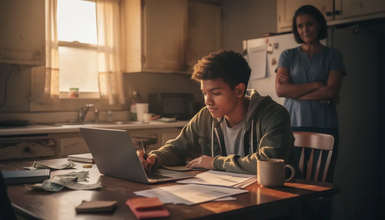 First-generation college student reviewing financial aid paperwork at home with a supportive parent nearby