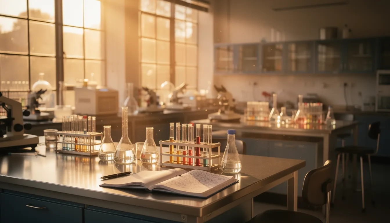 Sunlit university research lab bench with scientific instruments and notebook