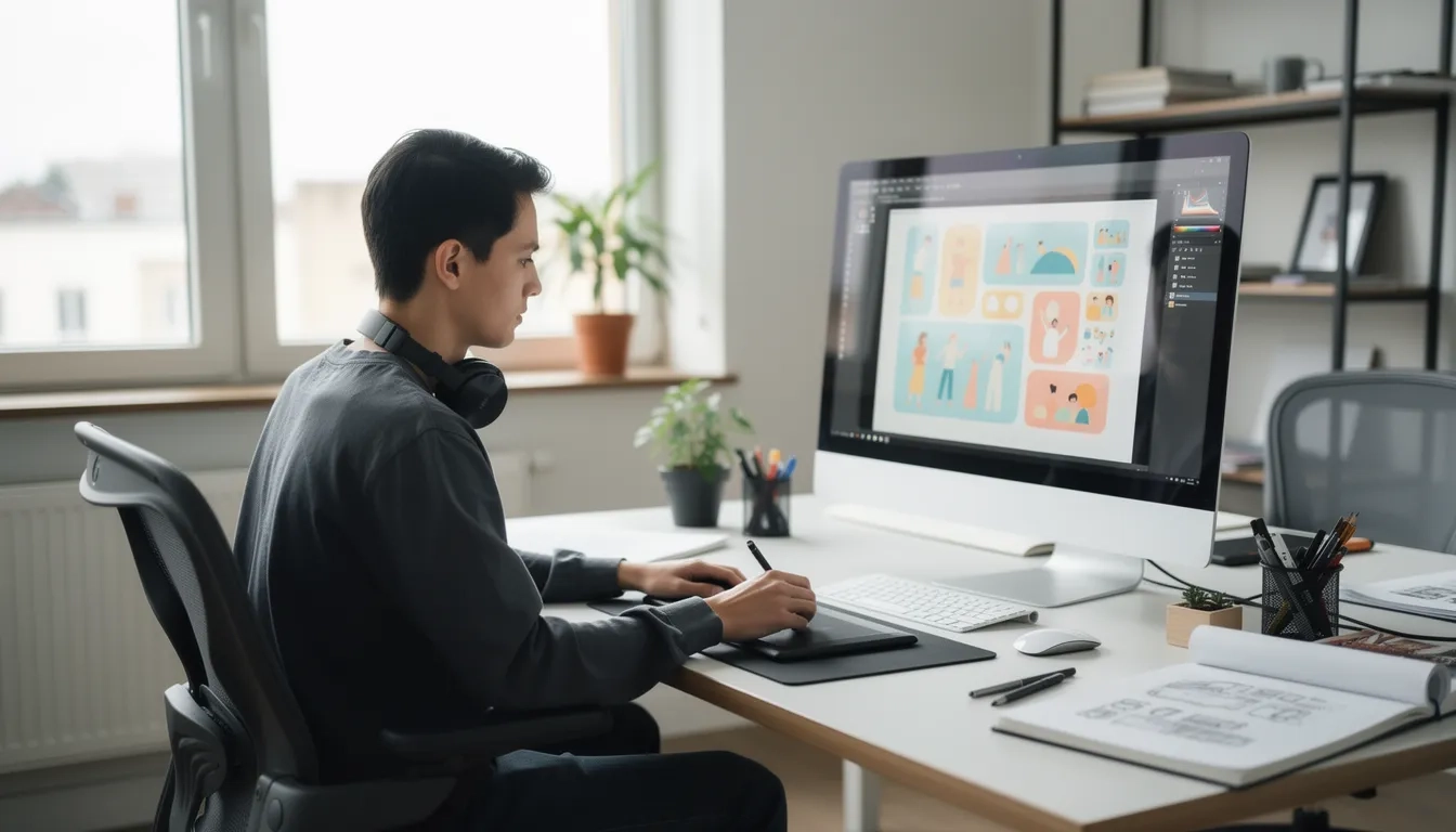 Graphic design student working on a digital tablet