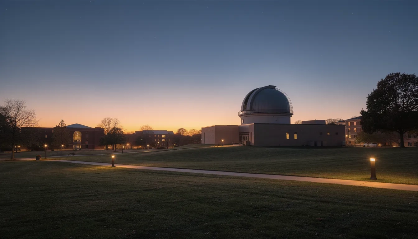 University observatory dome at dusk on a college campus