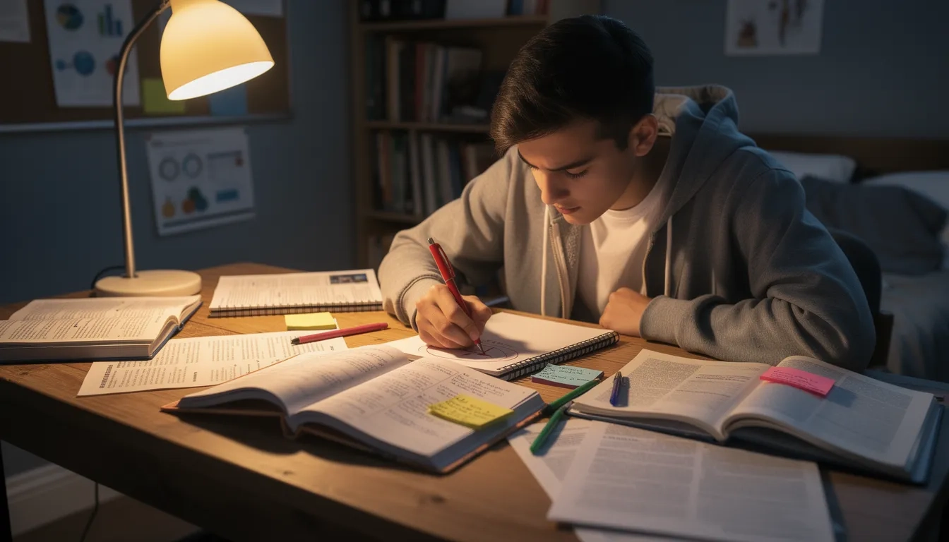 Student brainstorming science fair project topics at a desk covered in research papers and notebooks