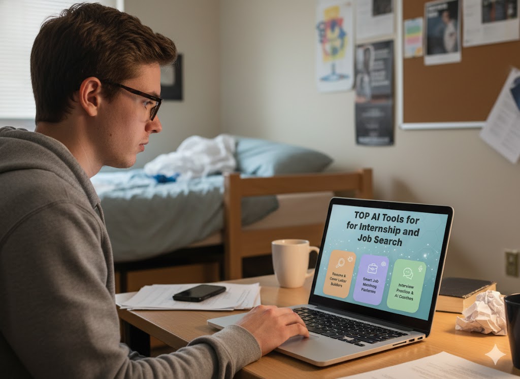 student browsing AI tools for his internship search