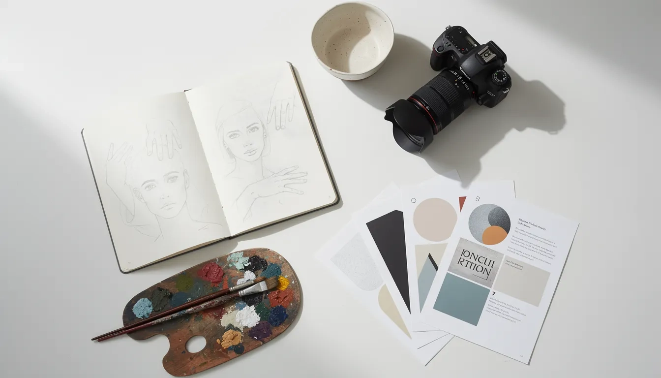 Various artistic media including sketchbooks, camera, ceramics, and design prints laid out flat