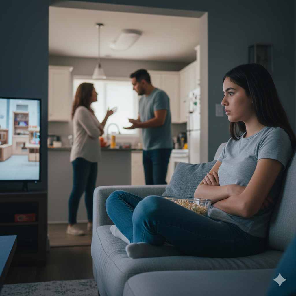 stressed student at home while parents are arguing