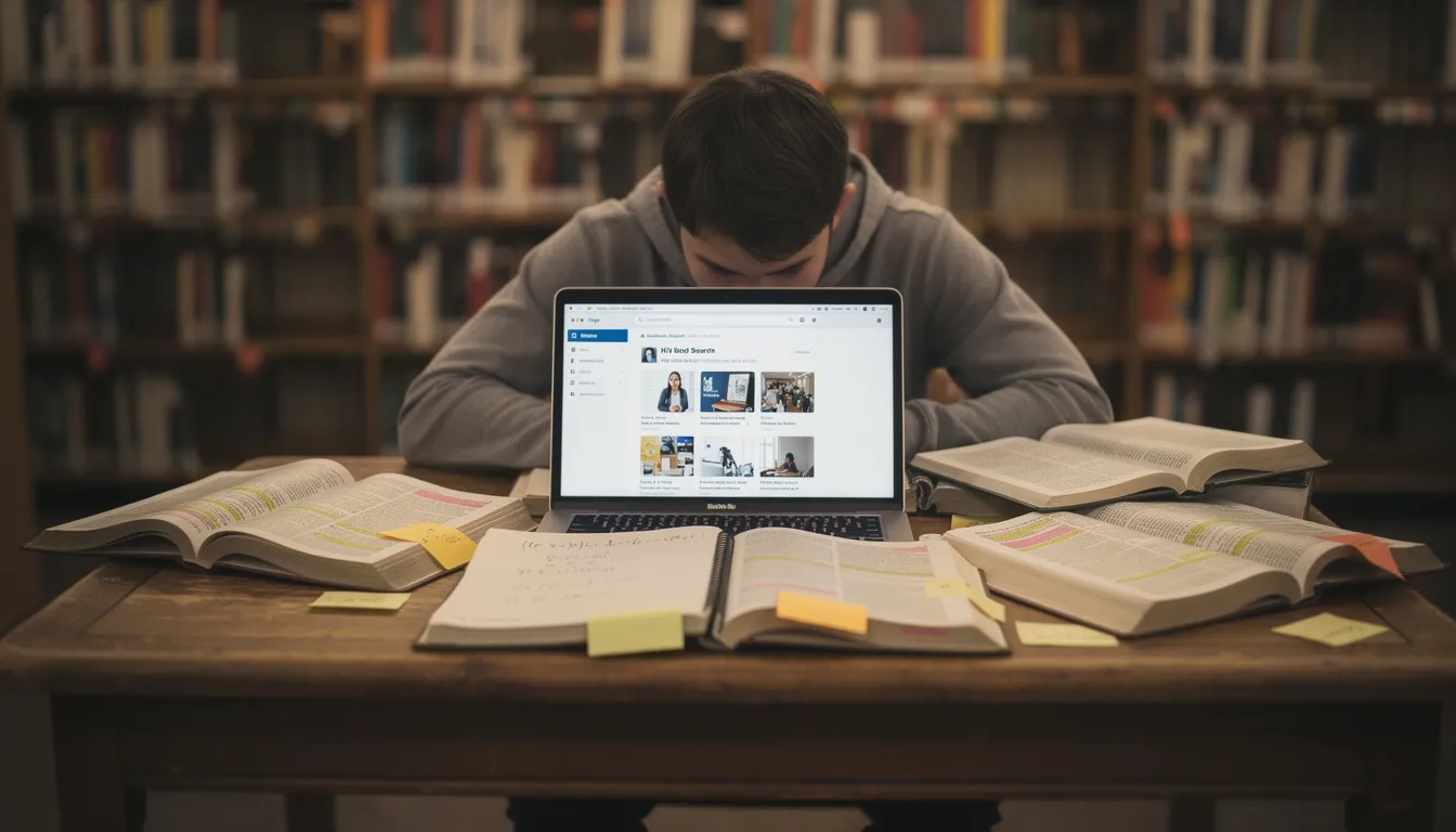 College student researching at a library desk with laptop and textbooks