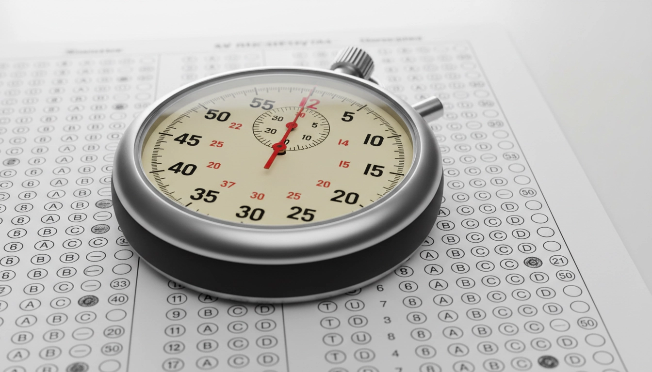 Stopwatch showing 8 minutes 45 seconds resting on an ACT answer sheet