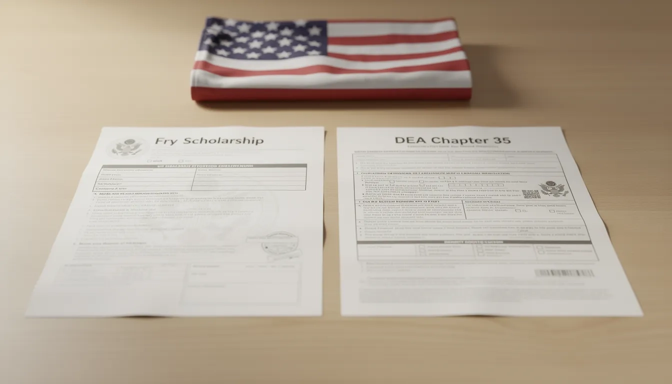 Side-by-side comparison of Fry Scholarship and DEA Chapter 35 benefit documents on a desk with an American flag in the background
