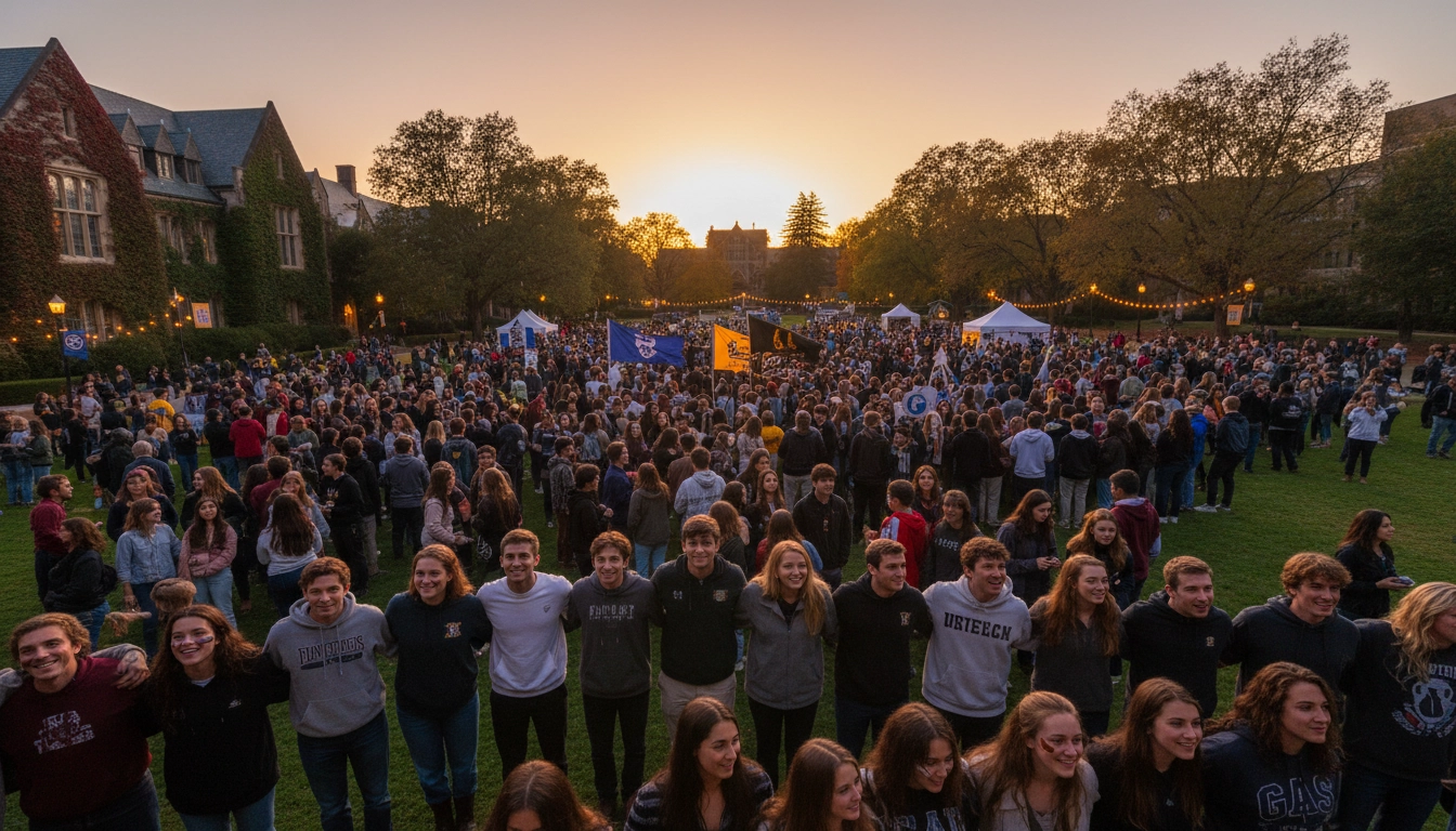 College students gathered together on campus at dusk for a shared tradition