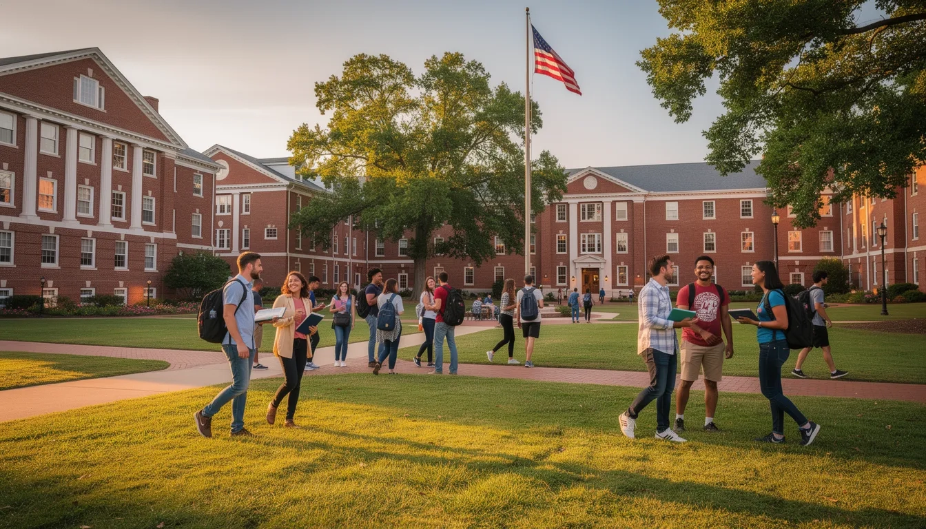 Arkansas university campus quad at golden hour with students walking