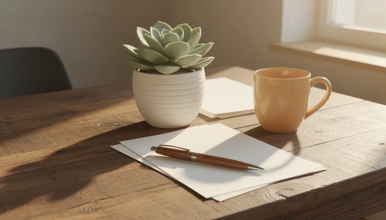 Professional business workspace with succulent plant and materials on oak desk in golden sunlight