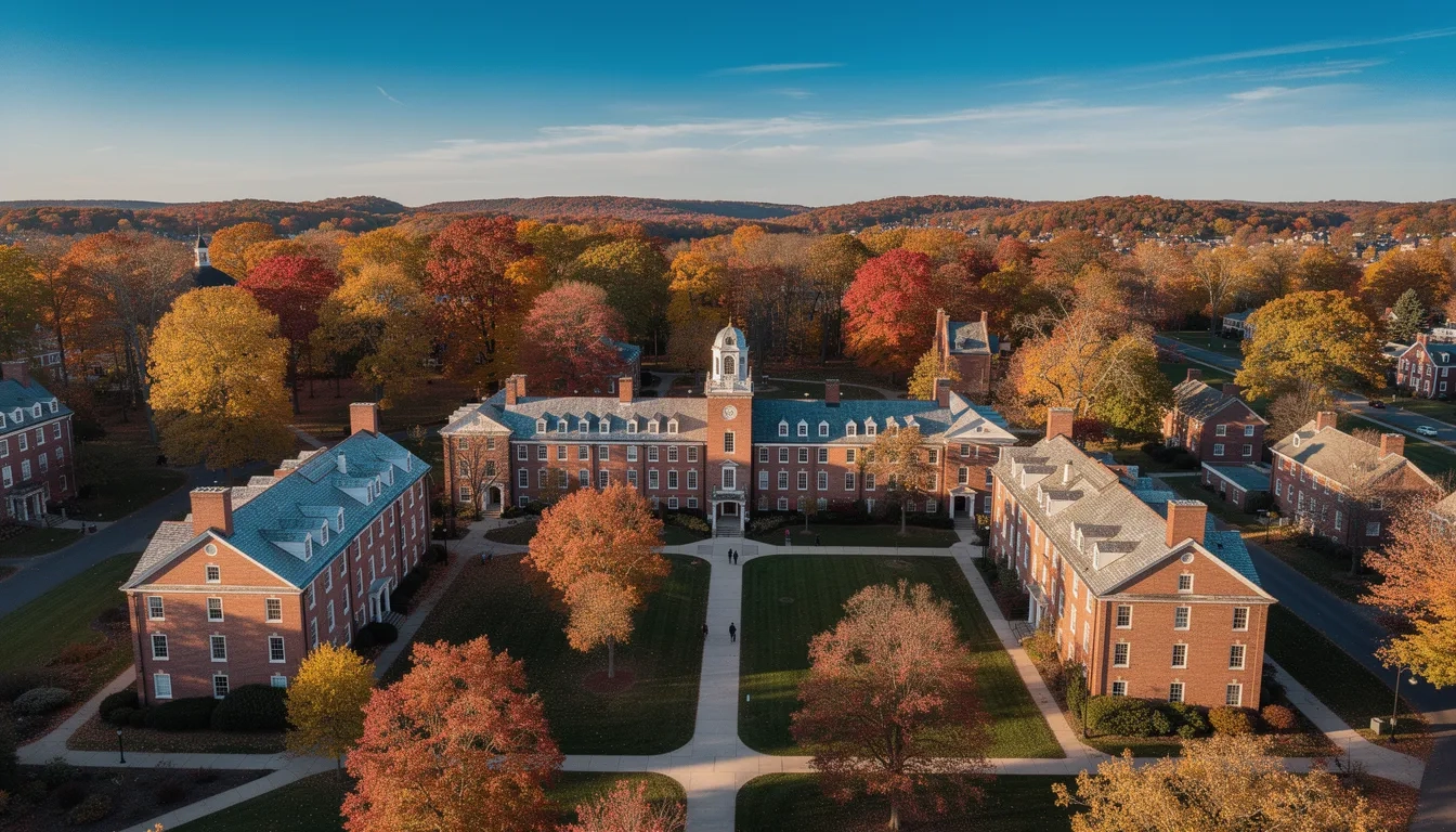 Aerial view of a New England college campus in fall foliage
