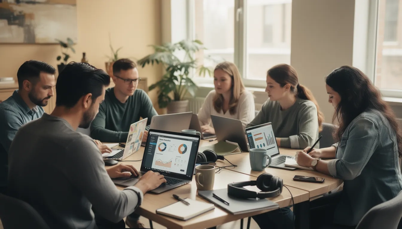 Adult career changers studying data analysis in a collaborative bootcamp environment