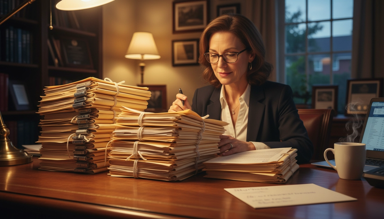 Admissions officer reviewing recommendation letters among a stack of applications