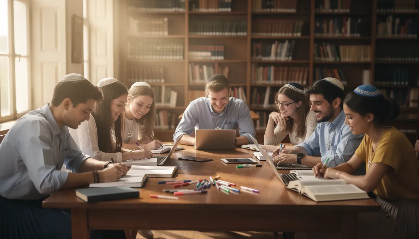 Jewish students studying together at a library