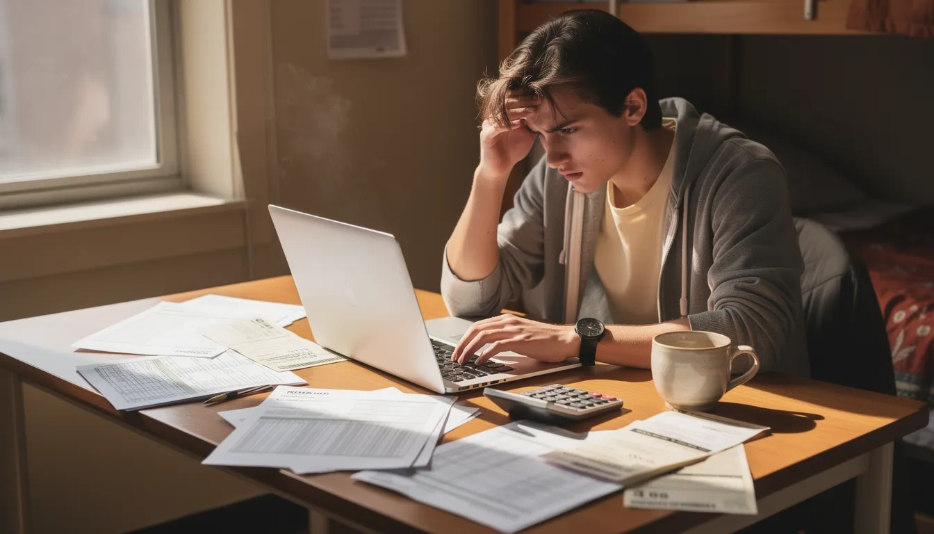 College student reviewing financial aid documents at a desk