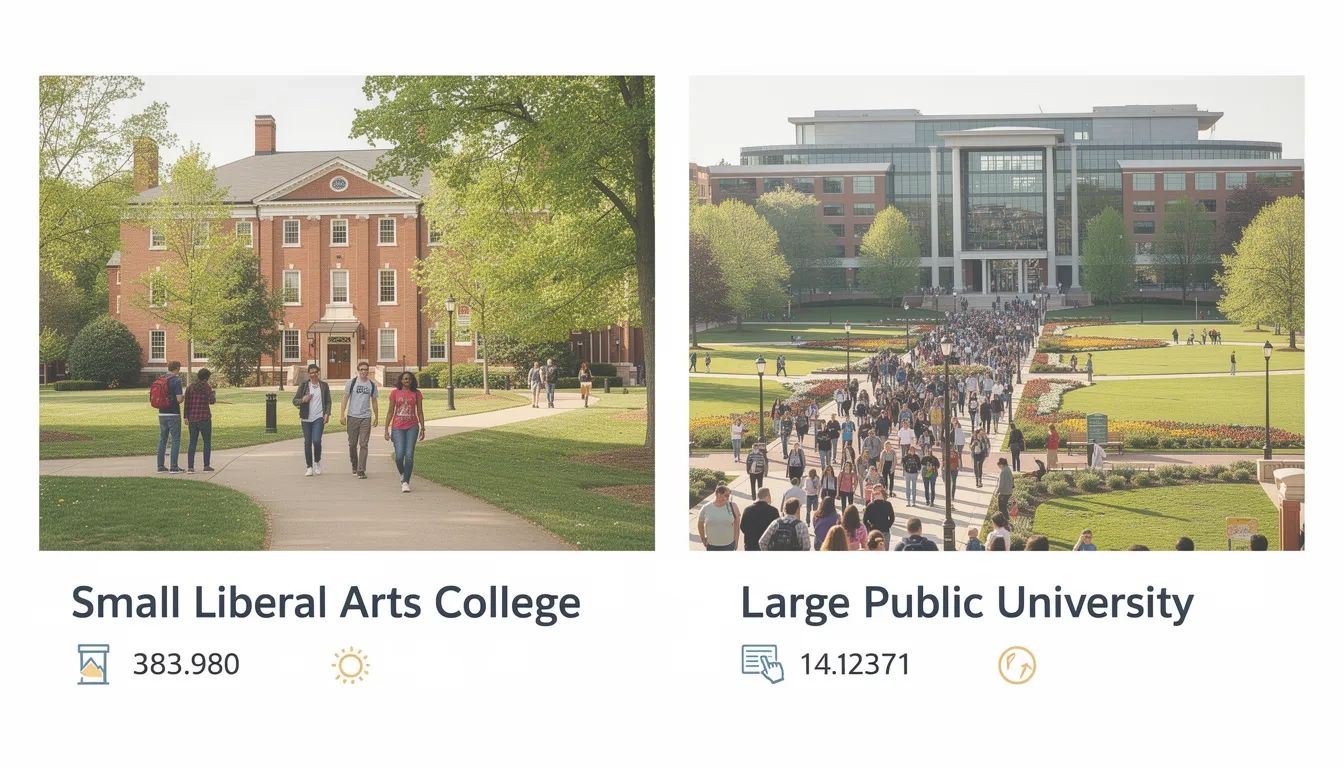 Side-by-side comparison of a small college campus and a large university campus