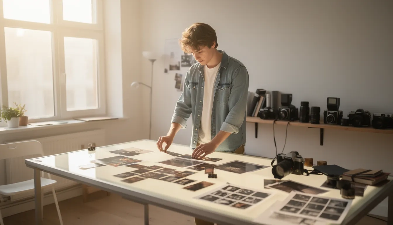 Photography student reviewing portfolio prints in a sunlit studio