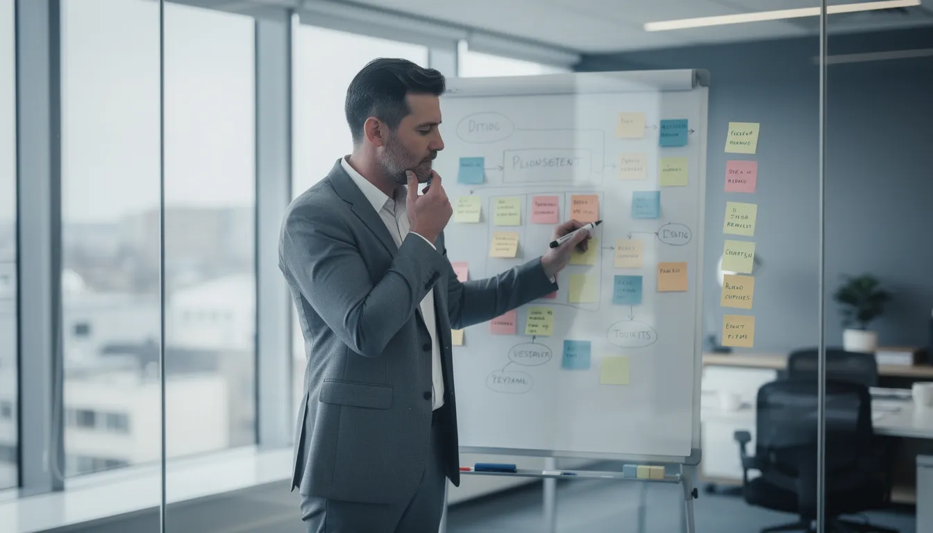 Professional reviewing leadership notes on a whiteboard